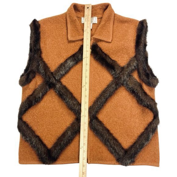 Lisa International Wool Vest Women L Brown Faux Fur Trim Bohemian Coastal Jacket - Picture 2 of 13
